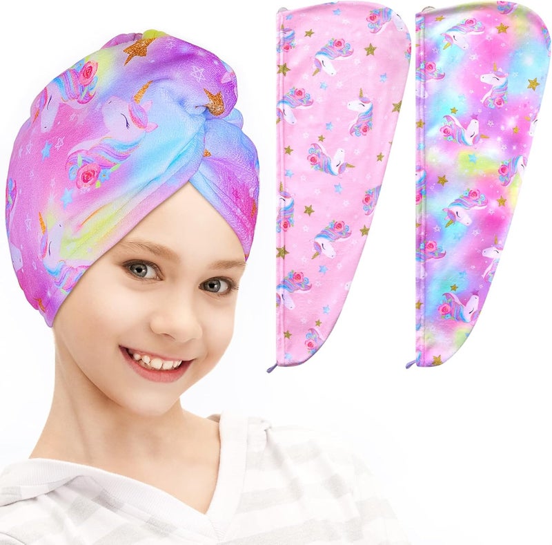 FIOBEE Microfiber Hair Towel Wrap for Kids Rapid Drying Turbans for Wet Hair with Button Women & Girls Long, Curly Hair Pack of 2, Pink - Image 1